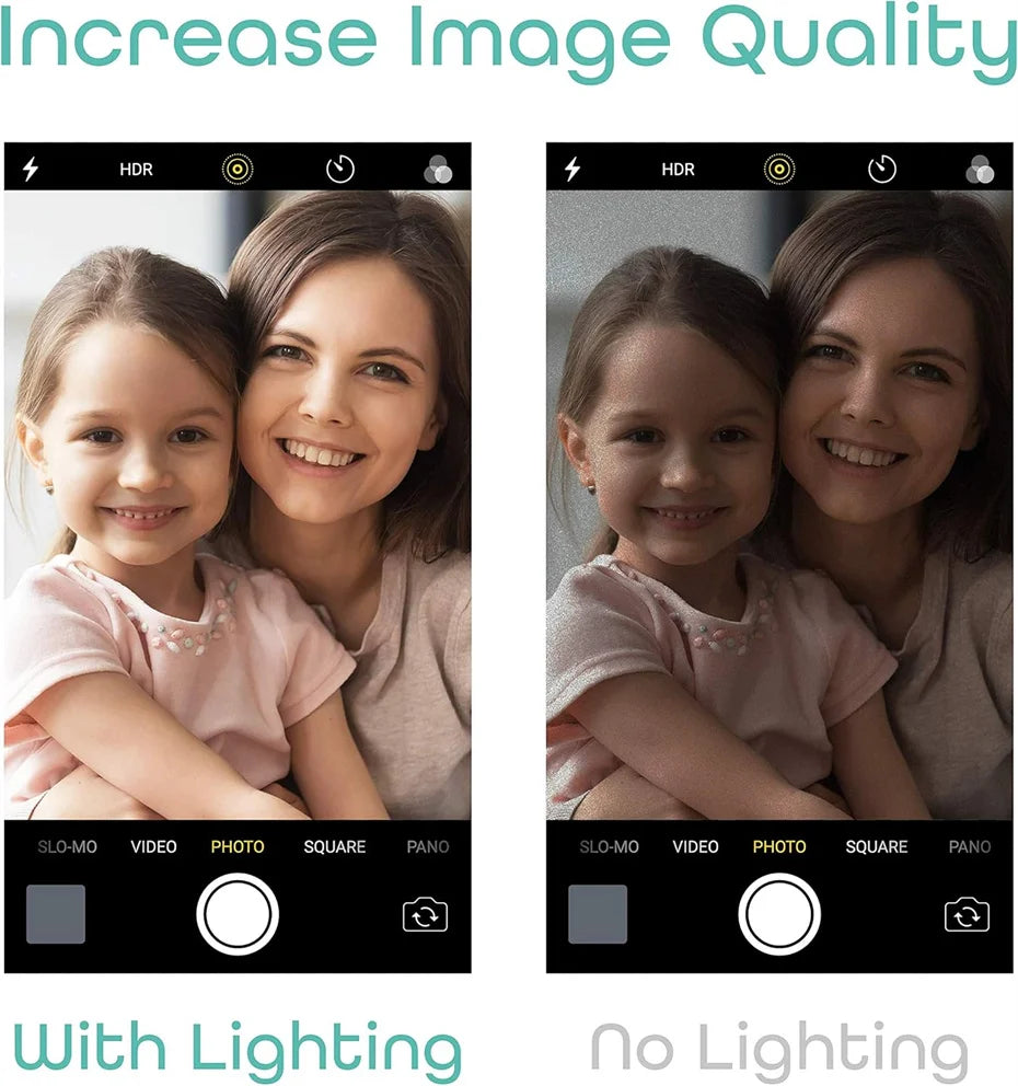 Comparison of two smartphone camera views of a woman and child, contrasting clear lighting with dark, grainy conditions.