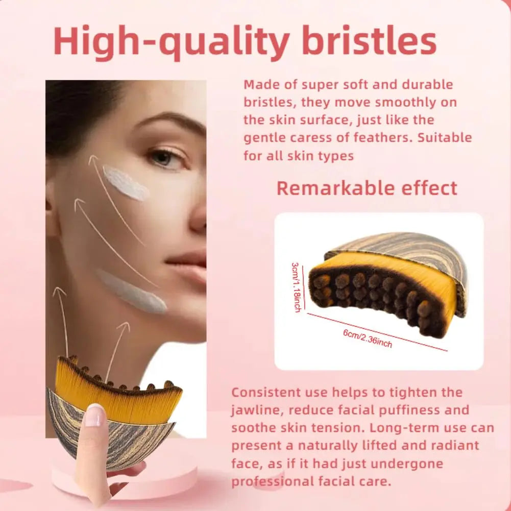 An ergonomic facial brush with soft yellow bristles and a dark wood-grain handle for lymphatic drainage.