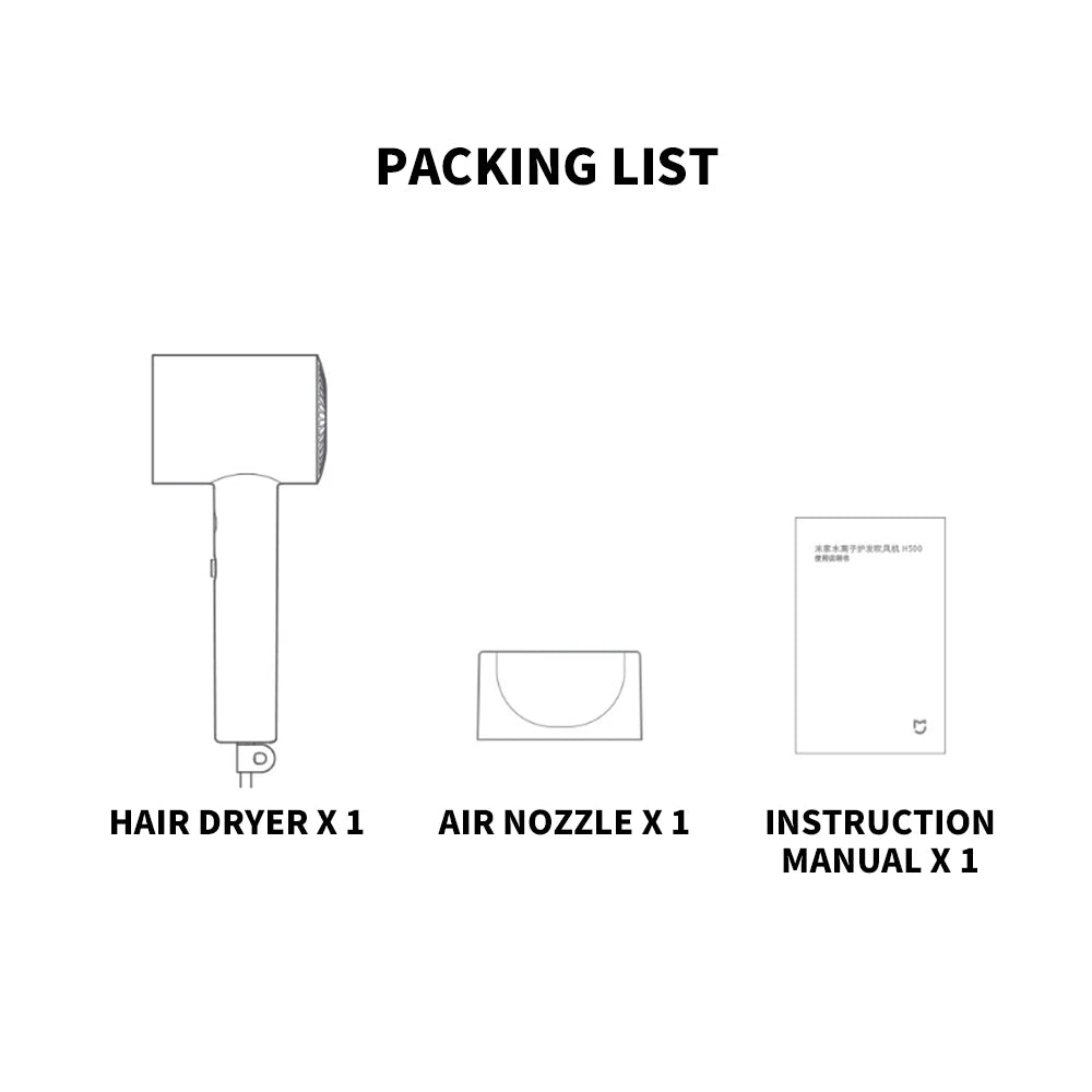 MIJIA H500 ionic hair dryer packing list showing dryer, magnetic air nozzle, and manual user guide line art.