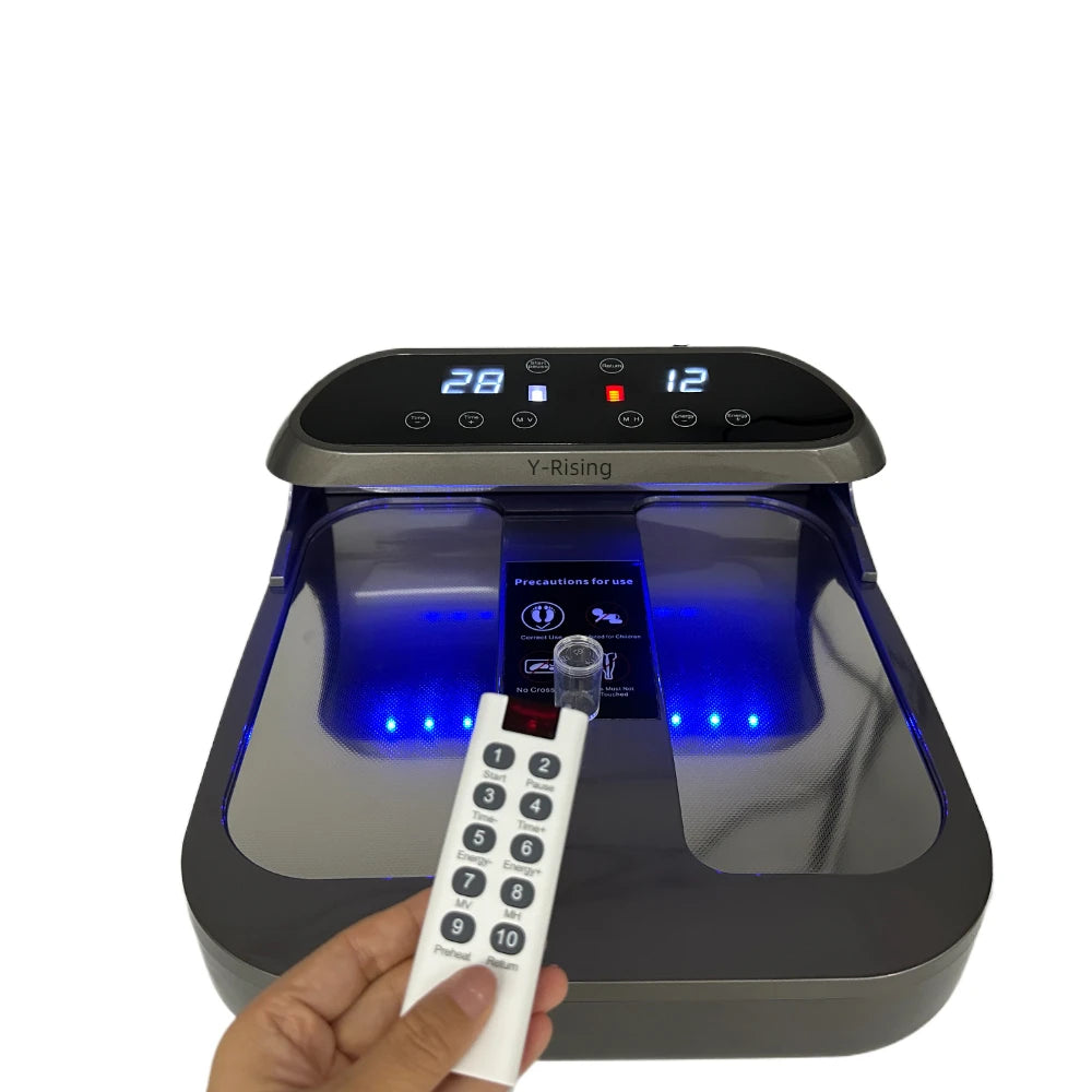 Tera-P90 Terahertz PEMF foot massager device with digital display, blue LED lights, and remote control for home health.
