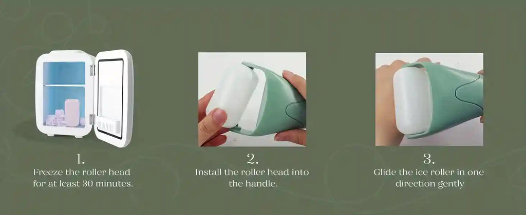 Instructional graphic showing how to freeze, assemble, and use a sage green handheld facial ice roller.