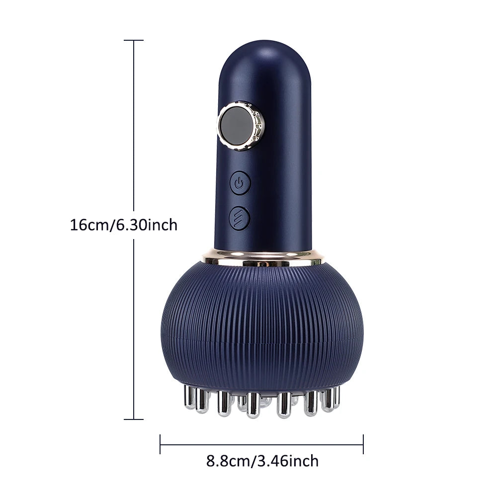Dark blue 9-gear electric meridian brush for body massage, slimming, and gua sha with microcurrent and hot compress.