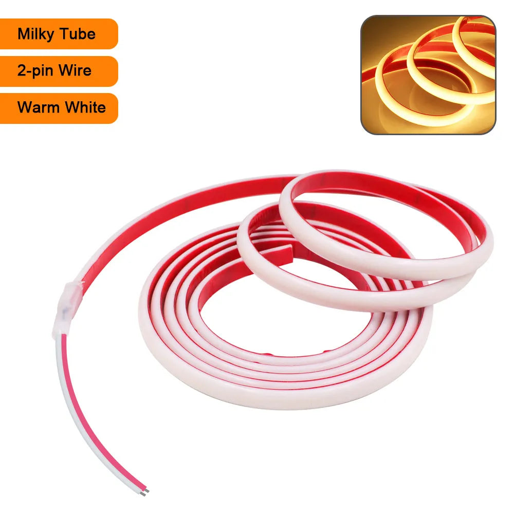 Warm white COB LED strip light kit, milky tube flexible tape with 2-pin wire and DC lead