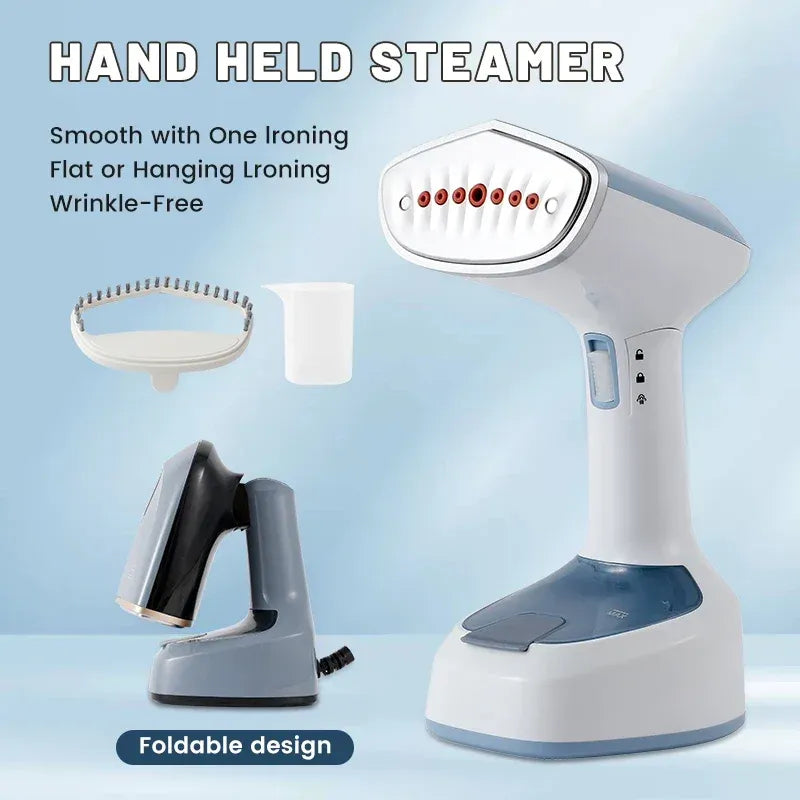 Handheld steamer for clothes with foldable design, attachment brush, and measuring cup for wrinkle-free ironing.