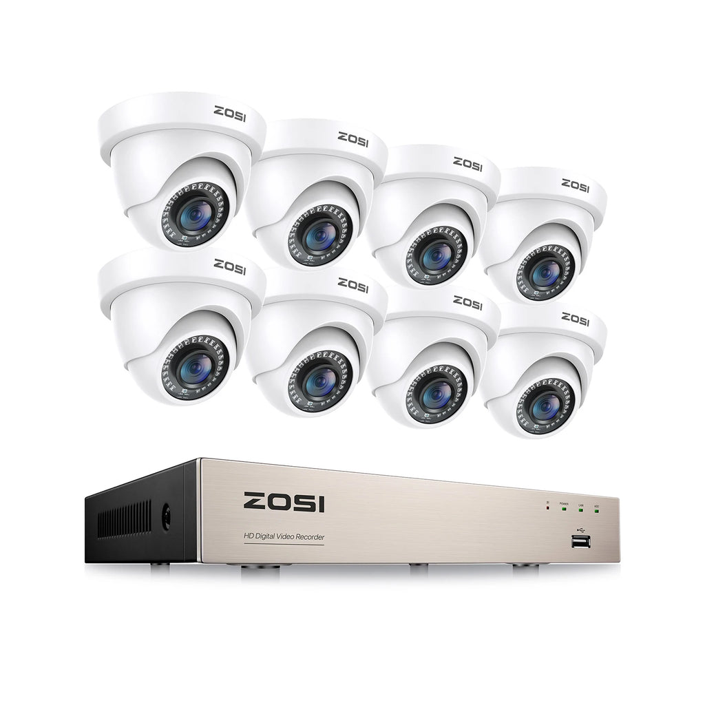 ZOSI 8CH 1080P Wired Security Camera System H.265+ 8CH 5MP Lite HD CCTV DVR Recorder 2MP Indoor/Outdoor Dome Surveillance Camera