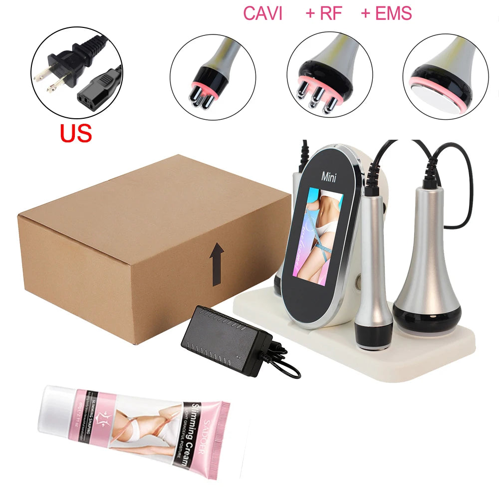 Ultrasonic Cavitation Body Slimmer with RF Skin Tightening - White Relaxation Treatment Silver US with gel Tidesmit
