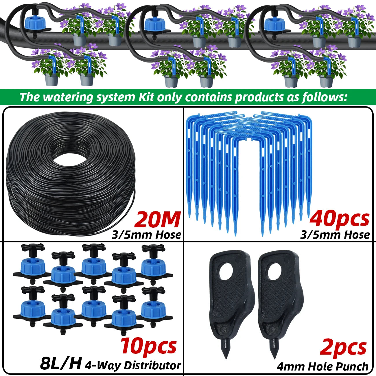 KESLA Drip Irrigation Kit 10-100M 4Way 2Way 8L Drip Arrow 3/5mm Hose Watering System Dripper Sprinkler Pot Planting Greenhouse