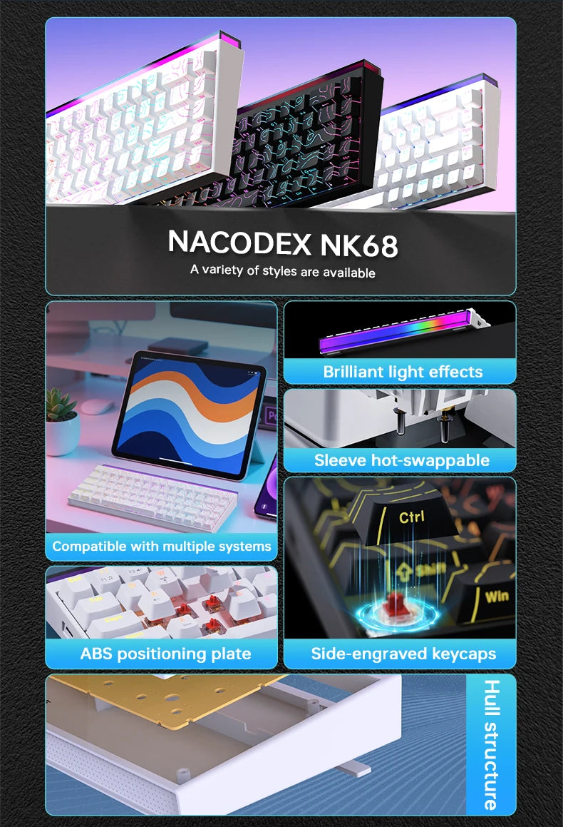 New Ajazz Nacodex Nk68 Mechanical Keyboard Terrain keycap Rgb Light Bar 68-Key Wired Gaming Office Wired Connect Keyboard