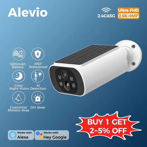 White outdoor solar security camera with black lenses and mounted wall bracket