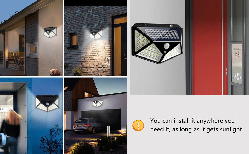 4Pack 100 LED Outdoor Solar Lights with Motion Sensor and 3 Lighting Modes, IP65 Waterproof Solar Wall Lights Ideal for Garden Patio Yard