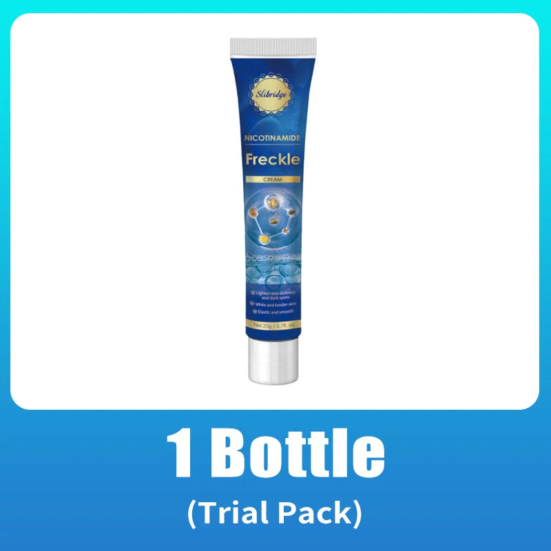 A 20g tube of Slibridge Nicotinamide Freckle Cream featuring a blue gradient design and chemical structure graphic.