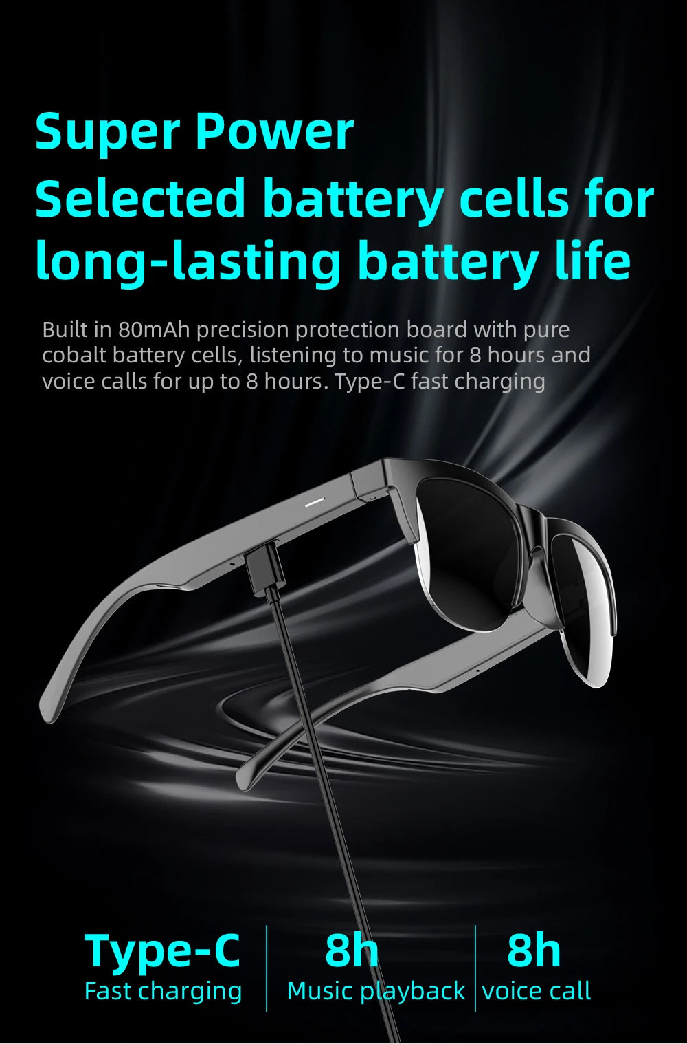 Bluetooth Smart Glasses - Immersive Spatial Audio Hands-Free Black Tidesmit