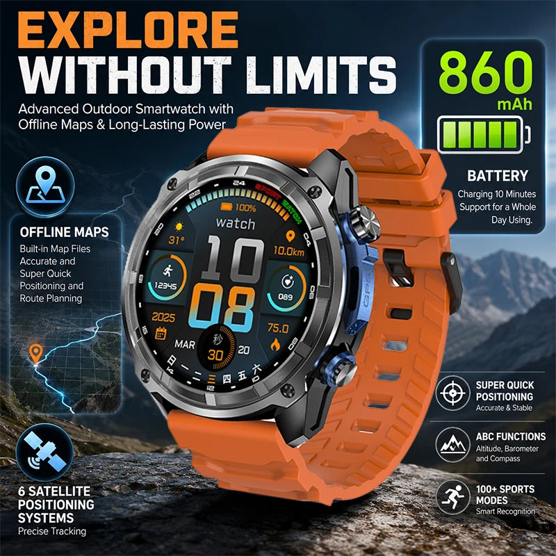 Outdoor GPS smart watch with orange silicone strap and rugged round black face