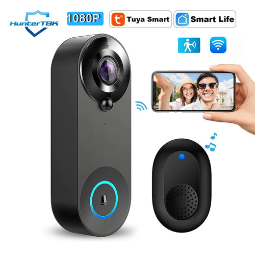 Wireless video doorbell camera with black housing and blue status ring; indoor chime included.