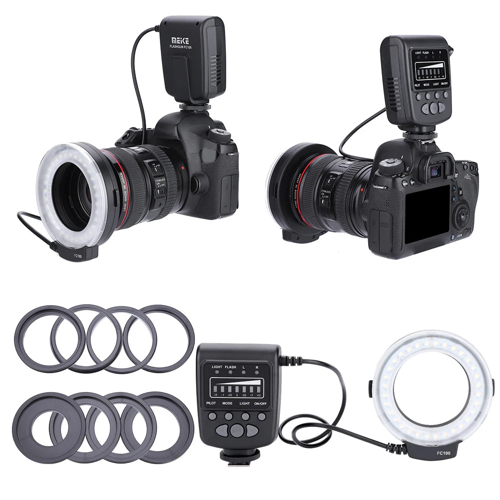 Macro LED ring flash for cameras, featuring a circular light, black control unit, and multiple lens adapter rings.