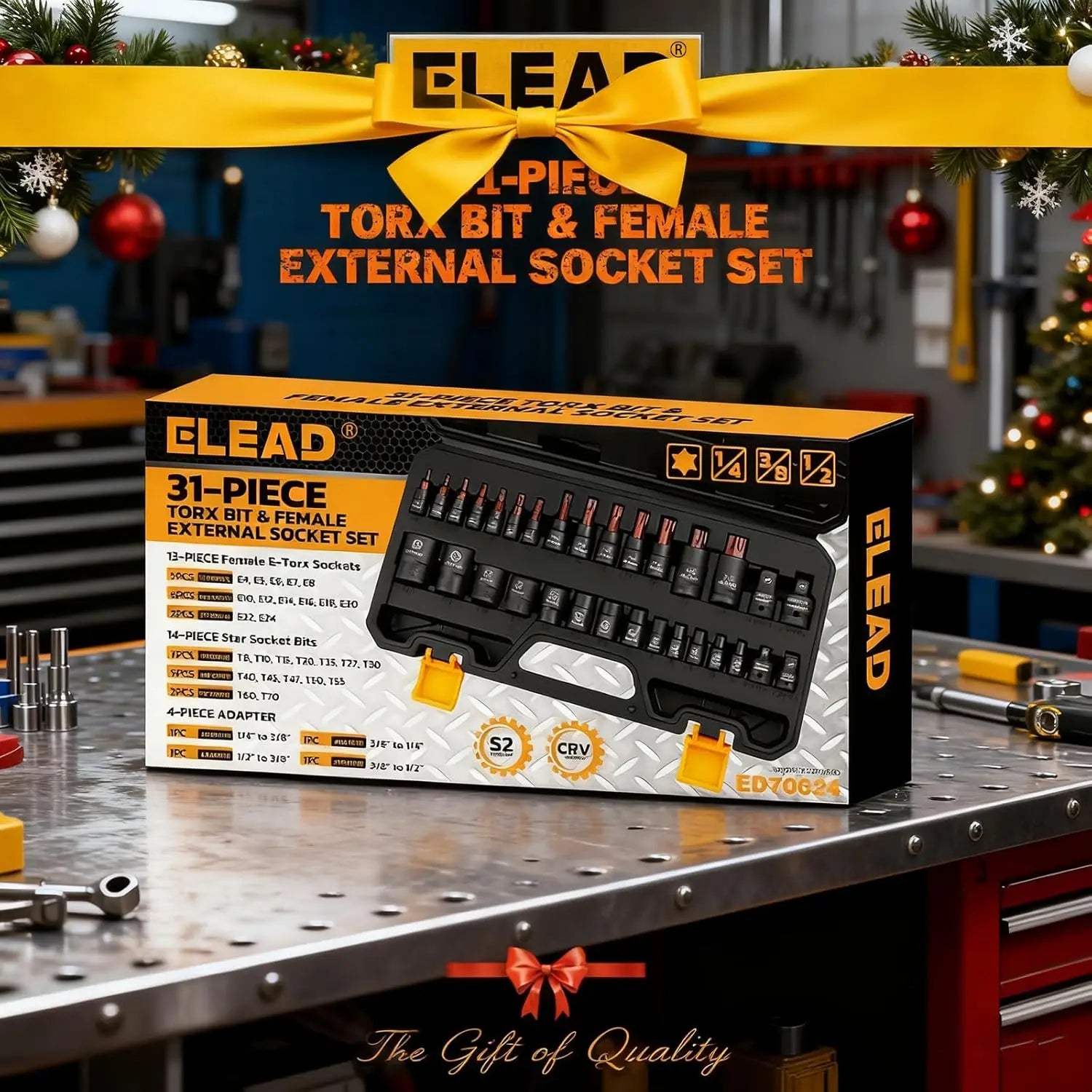 ELEAD 31PC Torx Bit Socket Set Premium CR-V & S2 Alloy Steel Star T8-T70 & E-Torx E4-E24 High Torque Laser Marked