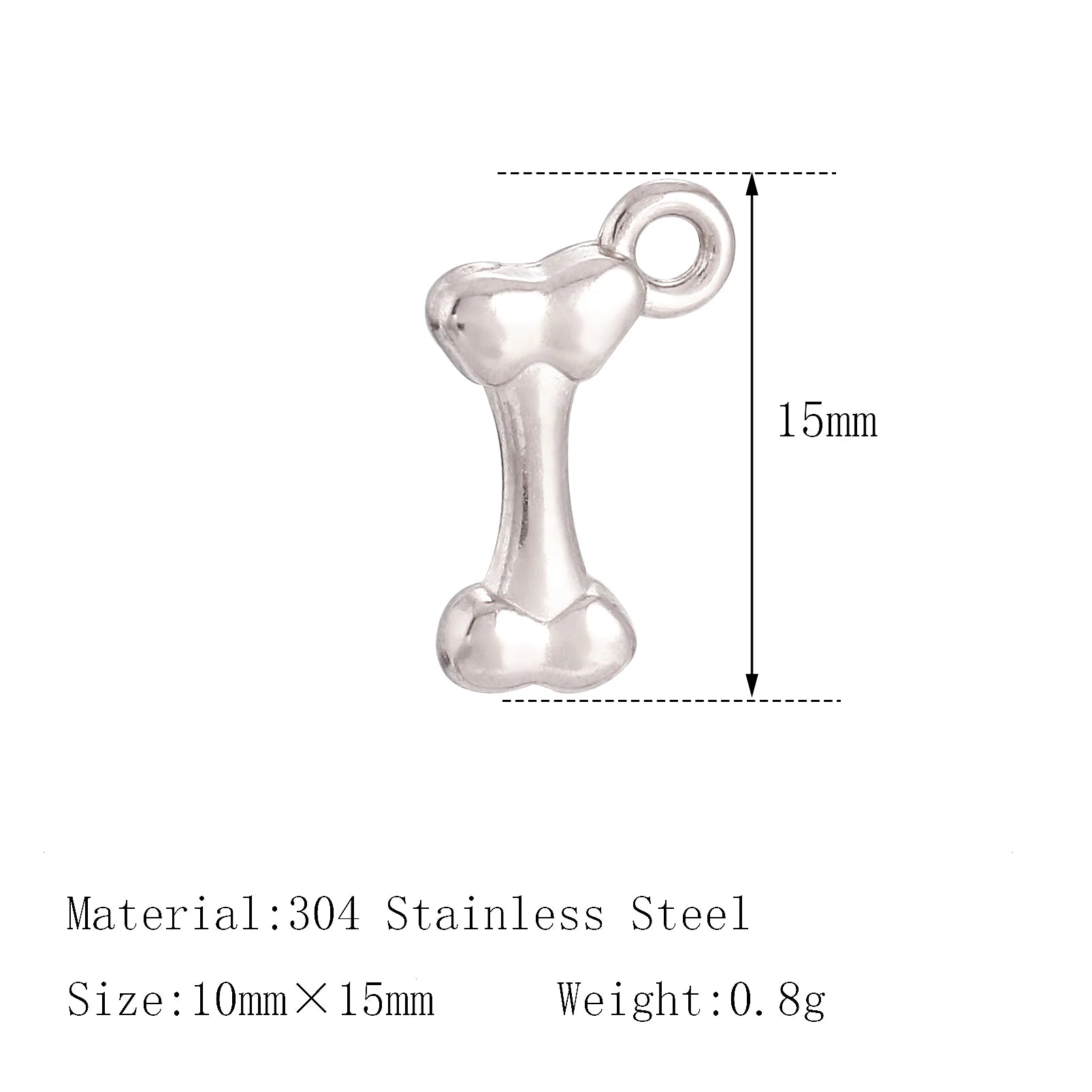 Small silver dog bone charm in 304 stainless steel, perfect for DIY pet jewelry making and custom pet bracelets.
