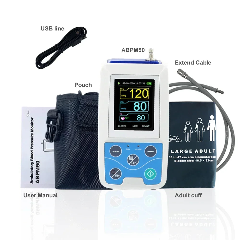CONTEC ABPM50 24 Hours NIBP Holter Dynamic Upper Arm Digital Blood Pressure Monitor PC Software, Large Adult or Adult Cuff