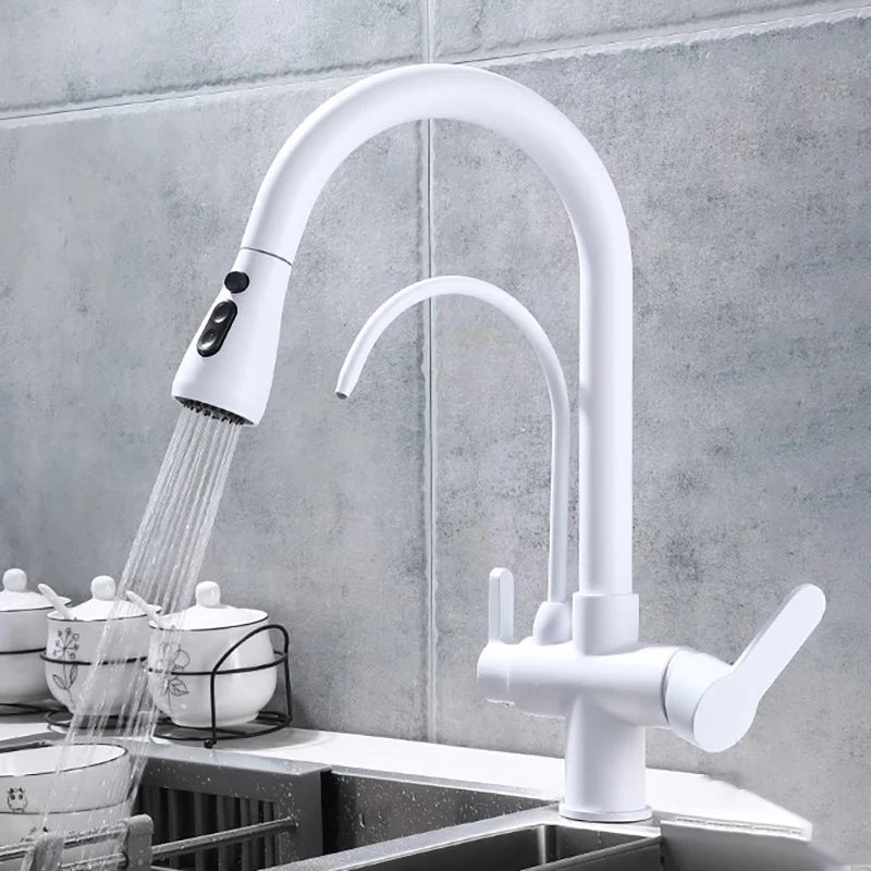 White Hot Cold Filter Kitchen Sink Faucets 3 Ways Pure Water Pull Out Kitchen Sink Mixer Tap Brass Filter Kitchen Sink Faucet