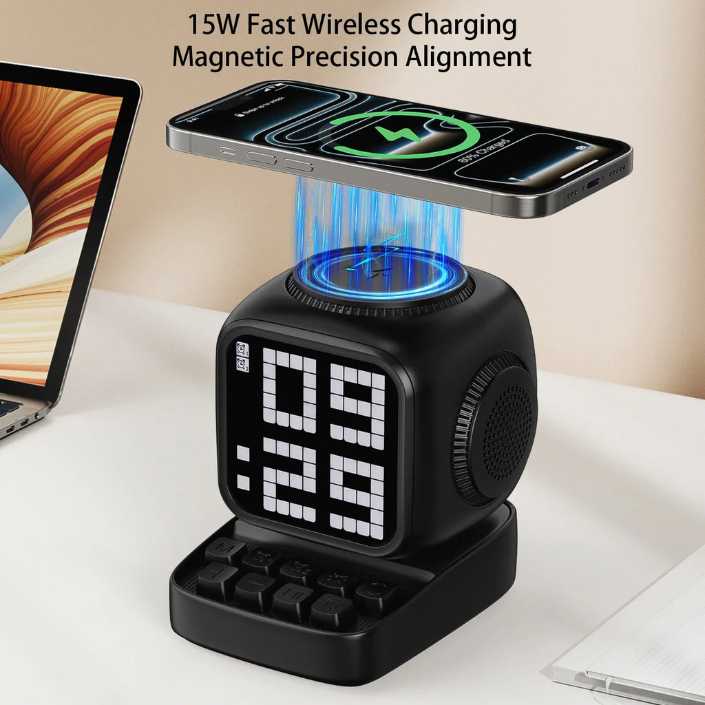 Portable Bluetooth Speaker with 15W Wireless Charger and LED Clock Tidesmit