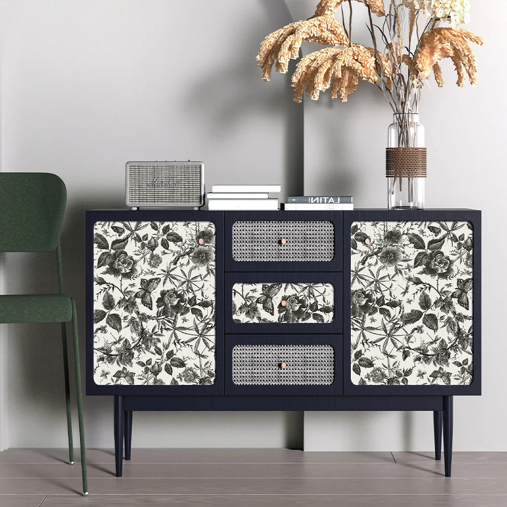 Peel-and-stick floral wallpaper on cabinet, black-and-white roses and leaves botanical pattern