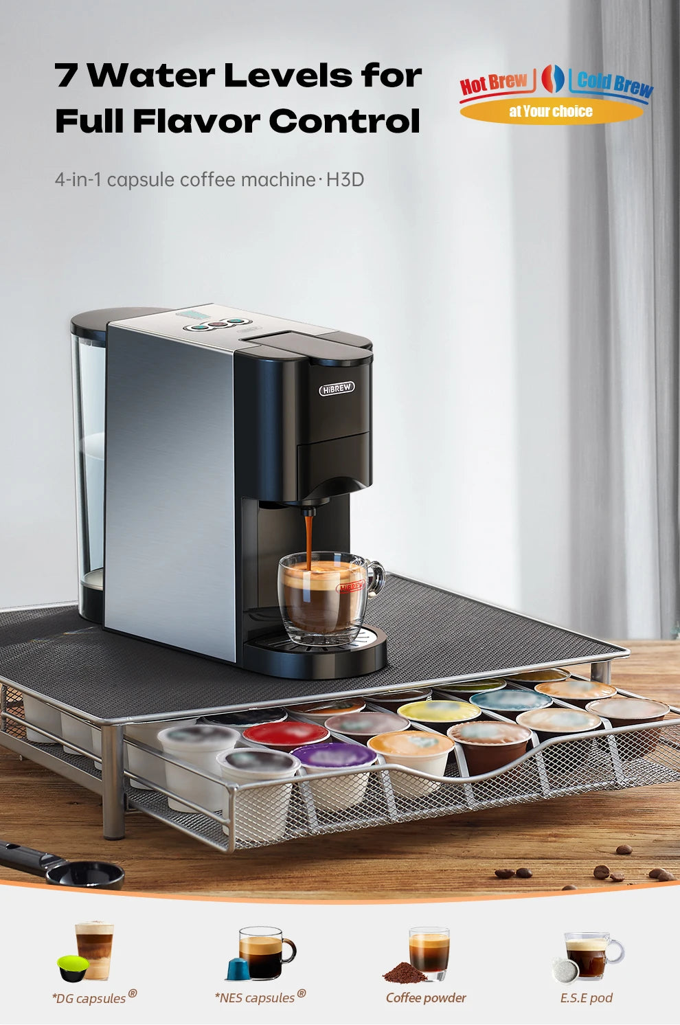 HiBREW 4-in-1 silver and black capsule coffee machine with metal pod storage drawer on a wooden table.