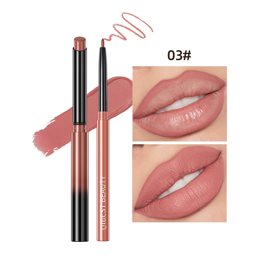 QIBEST matte nude lipstick and lip liner set, waterproof long-lasting color with swatch and lip application example.