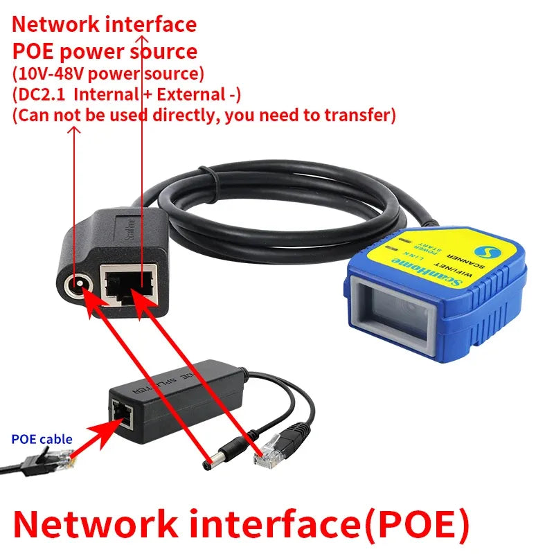 Blue barcode scanner module with PoE RJ45 port and black Ethernet power cable