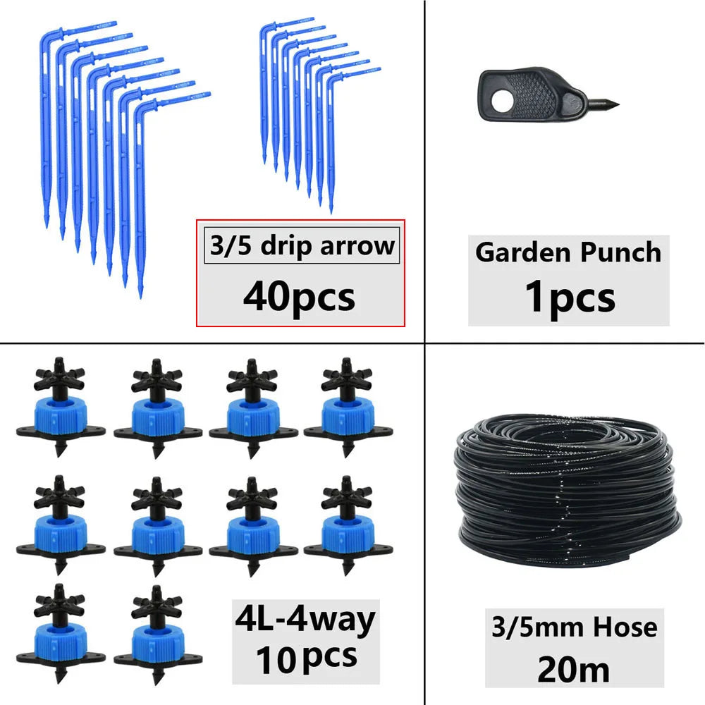 Greenhouse Potted Curved Arrow Dropper Micro Drip System 2L4L8L Pressure Compensation Dripper 3/5mm 2/4-way Irrigation Kit
