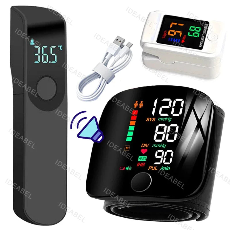 Wrist Blood Pressure Monitor LED Rechargeable English Voice Broadcast Tonometer BP Monitor Forehead Digital Thermometer