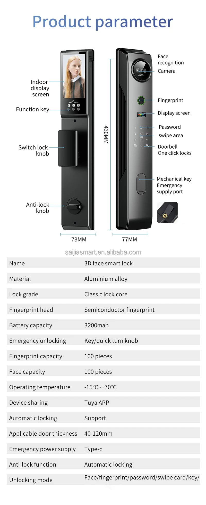 Electronic 3D Face Recognition Automatic Smart Door Lock Fingerprint Tuya Wifi Digital Door Lock With Camera Hot Selling