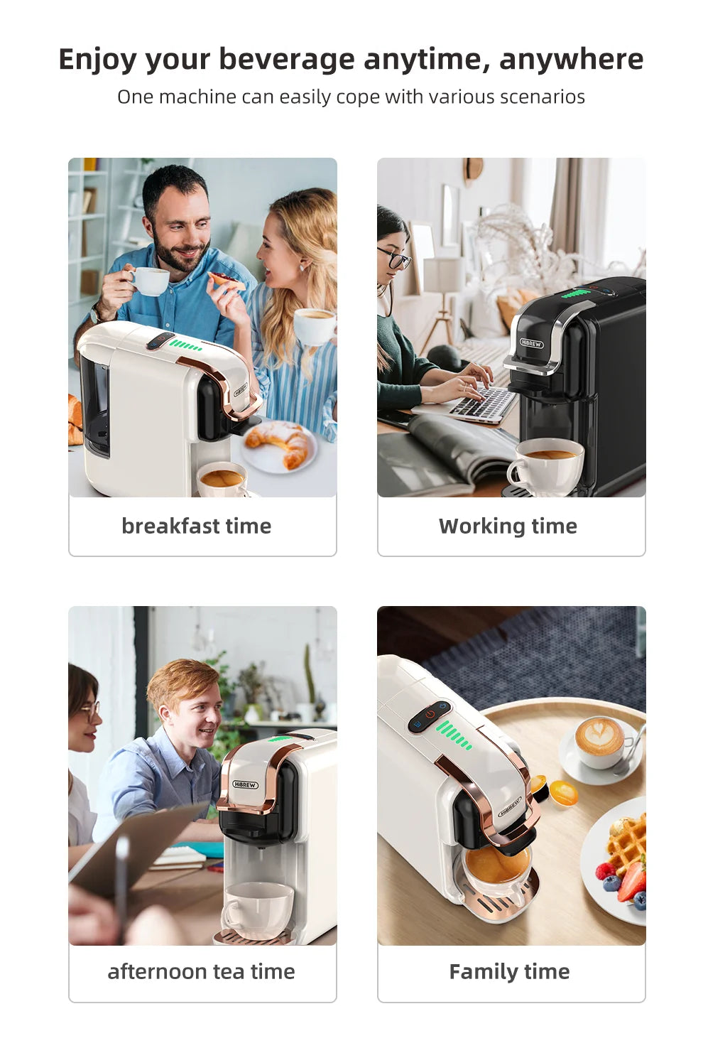 HiBREW portable capsule coffee maker in white and black, shown in use for breakfast, office, and family scenarios.