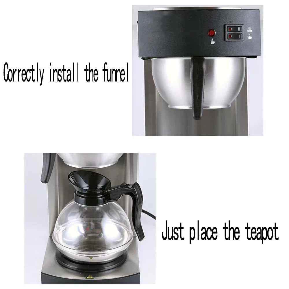 Stainless steel coffee maker with glass carafe, black funnel, and manual control switches for brewing.