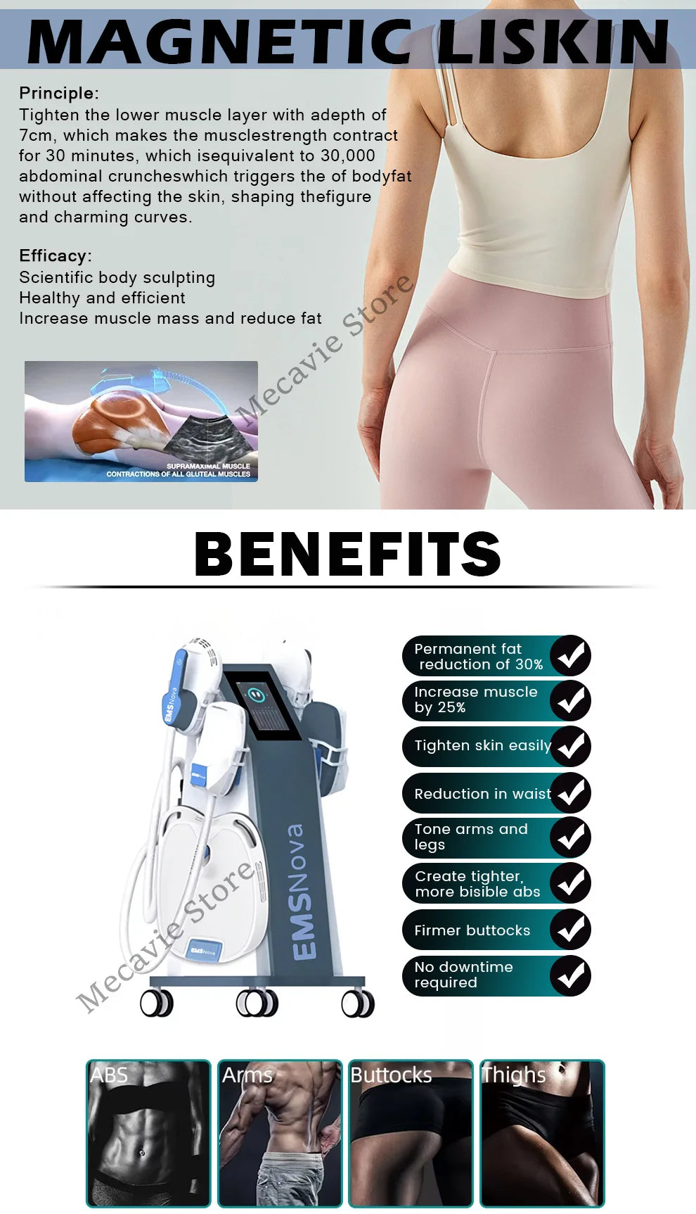 MECAVIE 4-handle EMS RF body shaper machine for muscle building, fat reduction, and professional body sculpting at home.