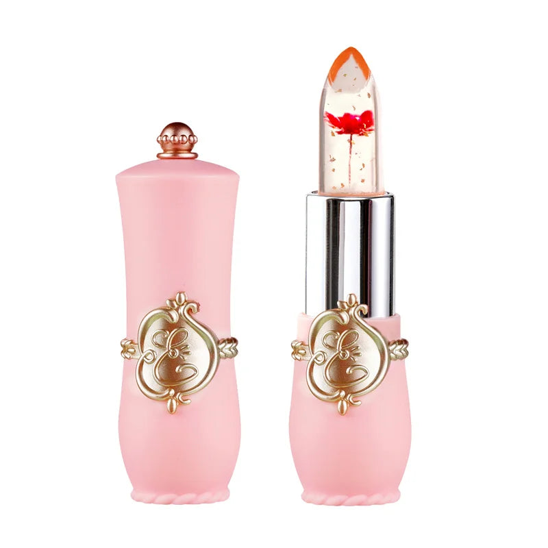 Clear crystal flower jelly lipstick with gold flakes in a decorative pink tube. Long-lasting color-changing lip balm.