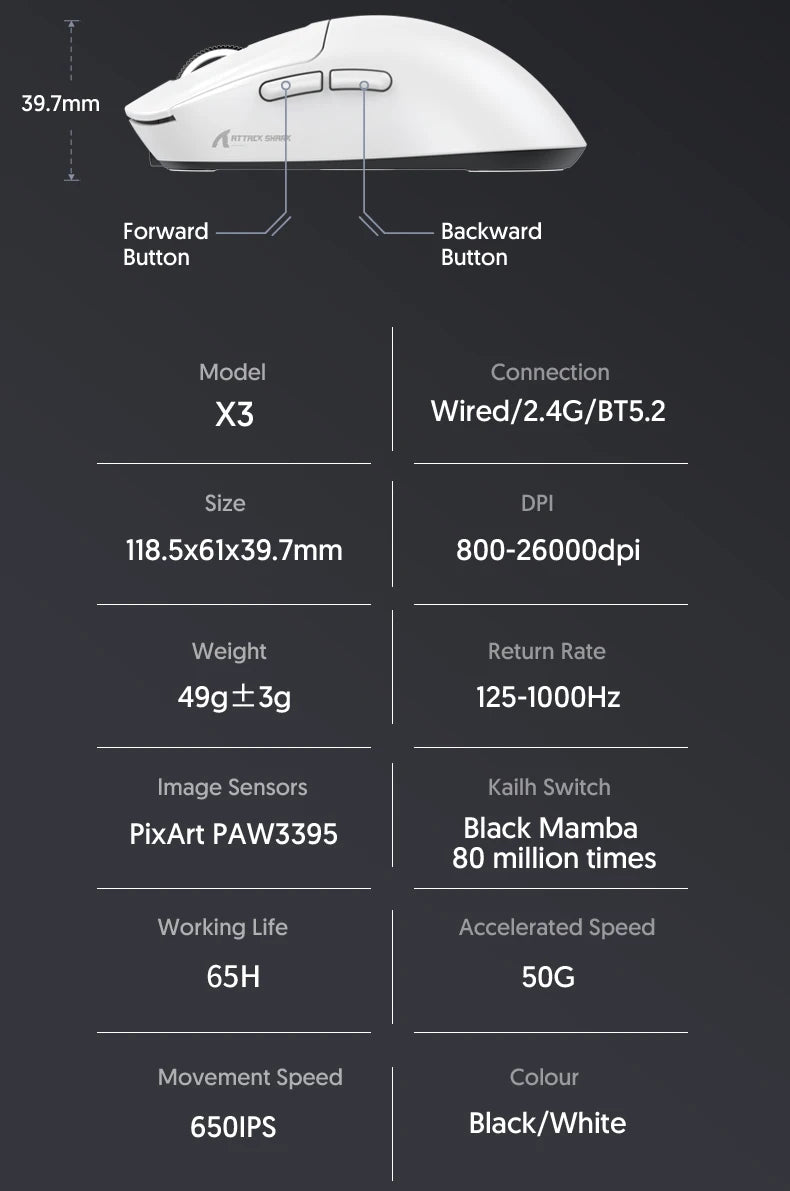 Attack Shark X3 X3Pro Wireless Tri-Mode Gaming Mouse 26K DPI PAW3395 Computer Gaming Peripherals CSGO Valorant Office Gift