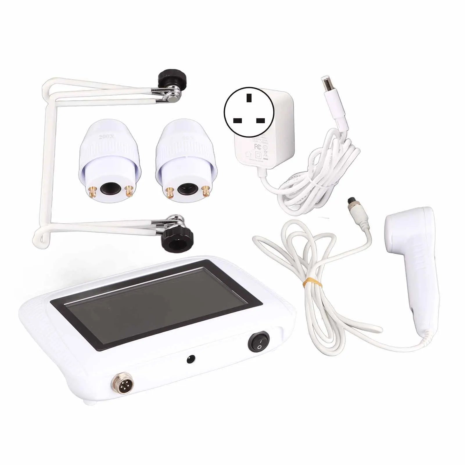 Portable 50X/200X skin and hair follicle analyzer with screen, two lenses, power adapter, and handheld detector wand.