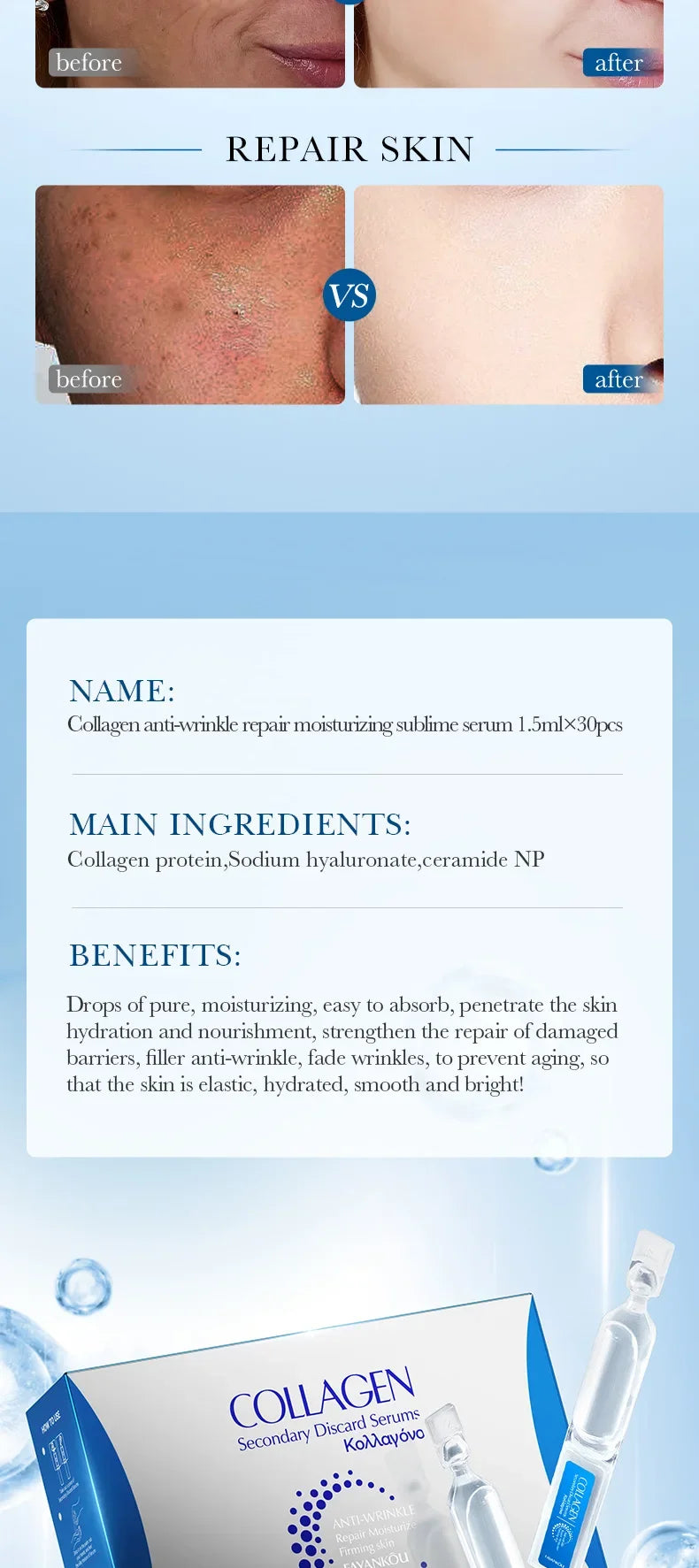 Collagen anti-wrinkle serum in 30 individual clear plastic ampoules for skin hydration and repair.