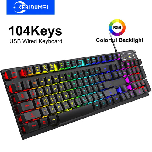 Kebidumei 104-key USB wired mechanical-feel gaming keyboard with vibrant rainbow RGB colorful backlighting.