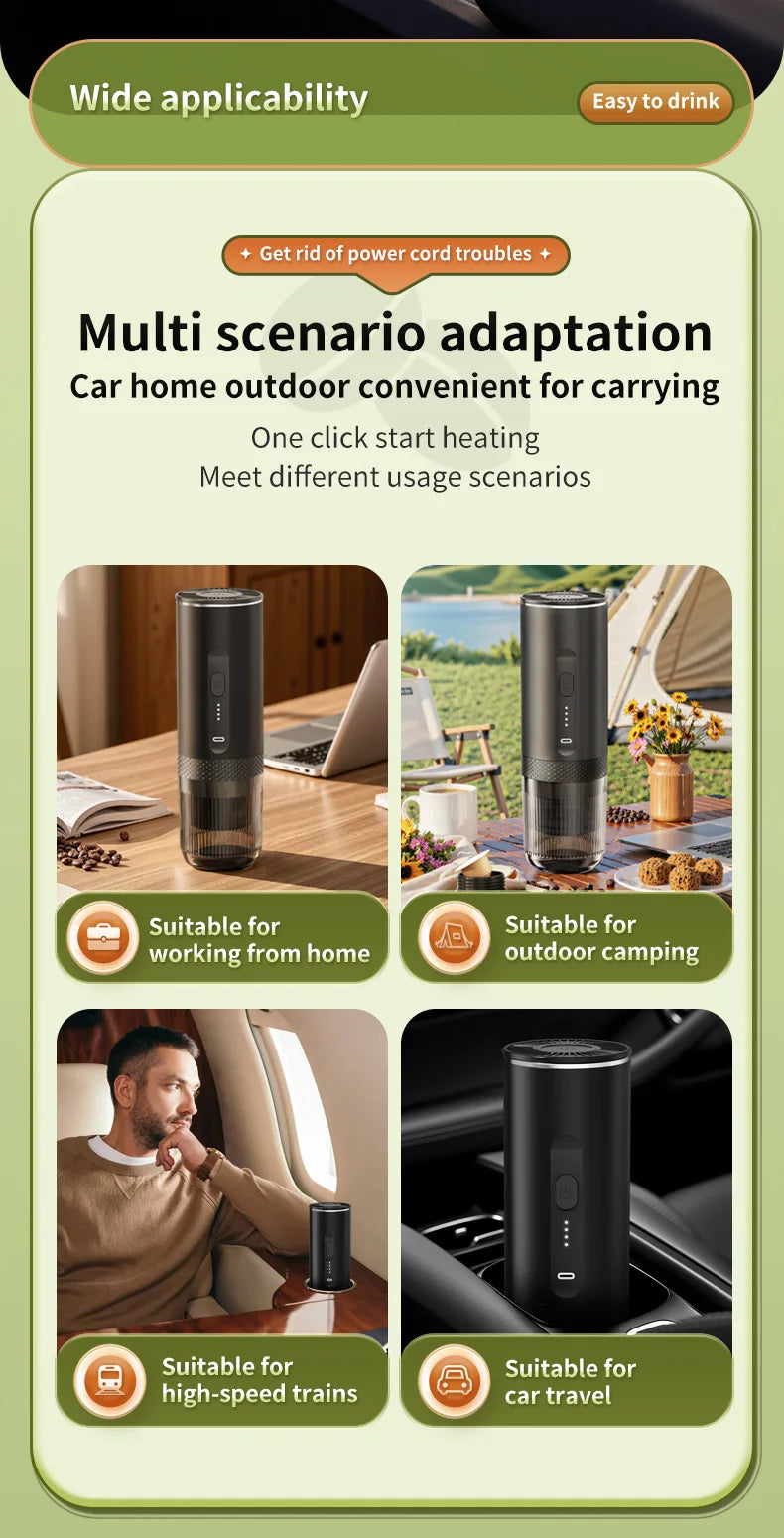 Portable black cordless electric coffee maker for travel, home, office, and camping, featuring one-click heating.