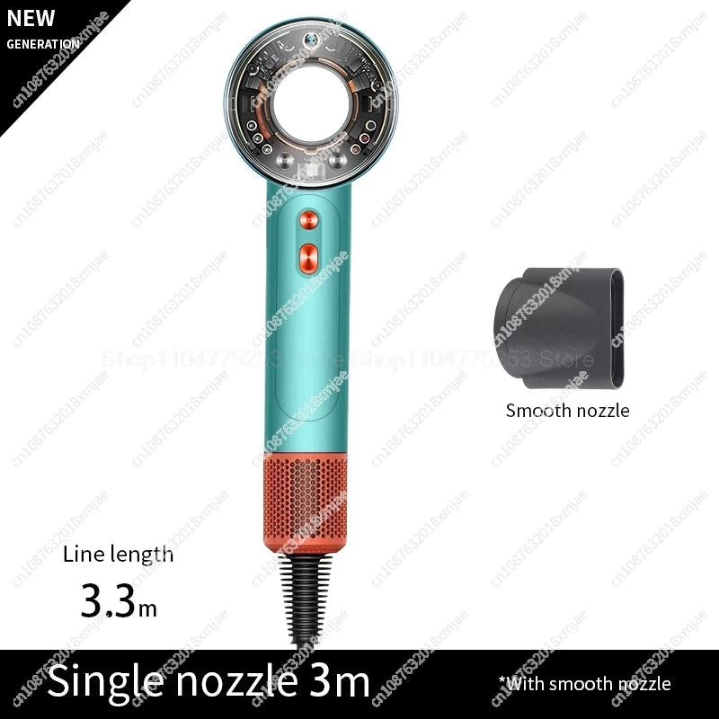 Teal leafless negative ion hair dryer with smooth styling nozzle and 3.3m cord for professional salon-quality drying.