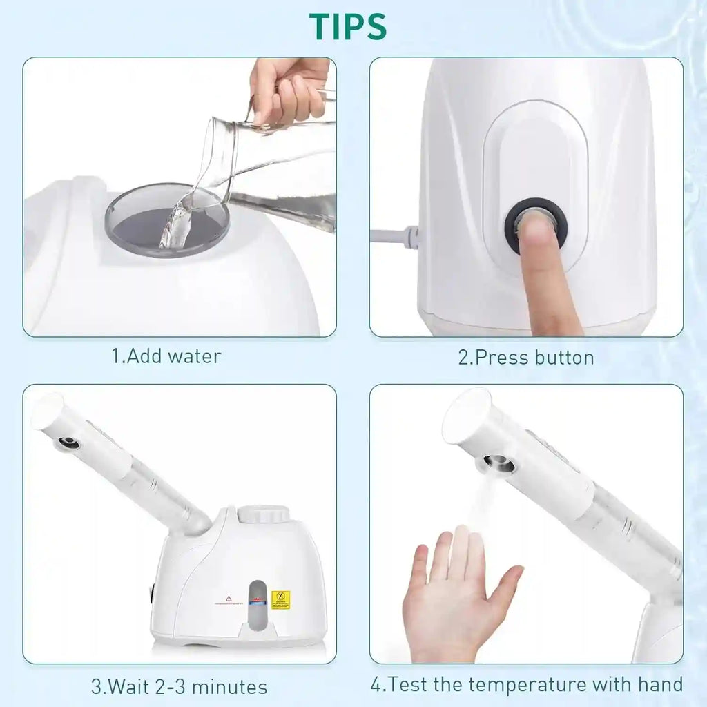 Instructional guide for white home facial steamer showing water filling, button operation, and adjustable steam nozzle.