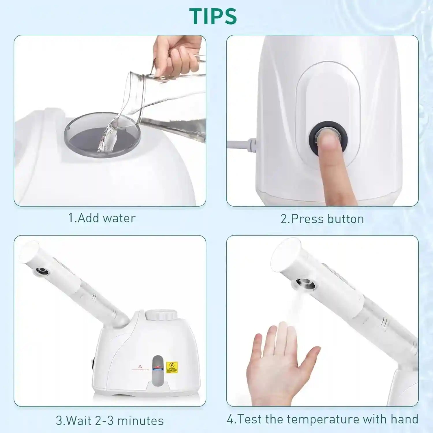 Instructional guide for white home facial steamer showing water filling, button operation, and adjustable steam nozzle.