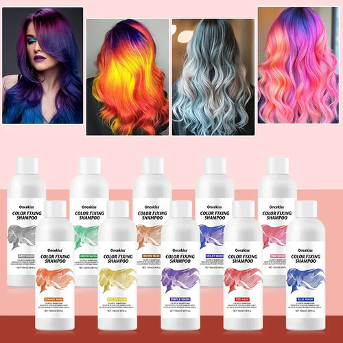 Semi-permanent hair color shampoo bottles, color-fixing hair dye bars, side angle view of diverse vibrant shades.