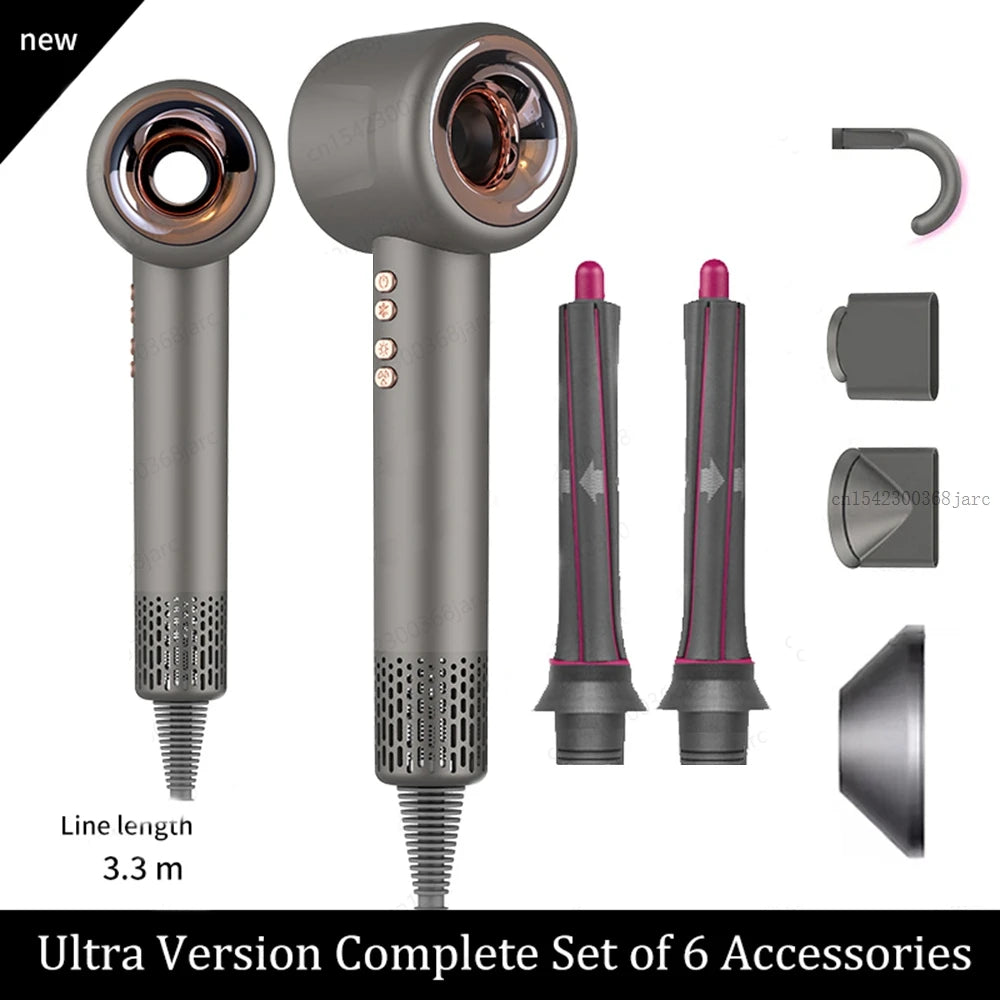 Grey leafless negative ion hair dryer with 6 professional styling attachments for salon-quality quick drying at home.