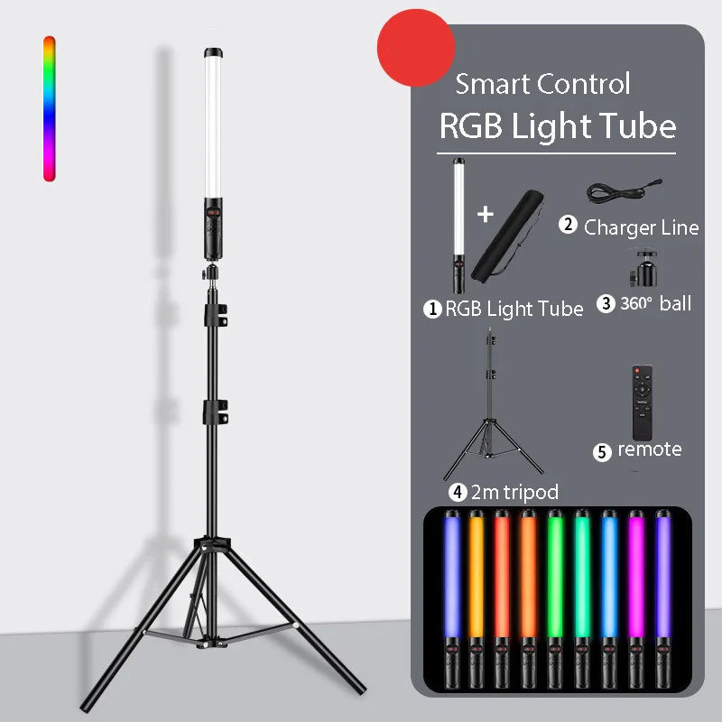 RGB LED light tube on a 2-meter tripod stand, with remote, charger, and ball head mount for photography and video.