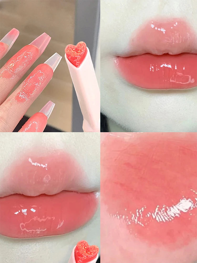 Gege Bear heart-shaped lipstick with glossy jelly finish and hydrating pink tint for a mirror-shine lip makeup look.