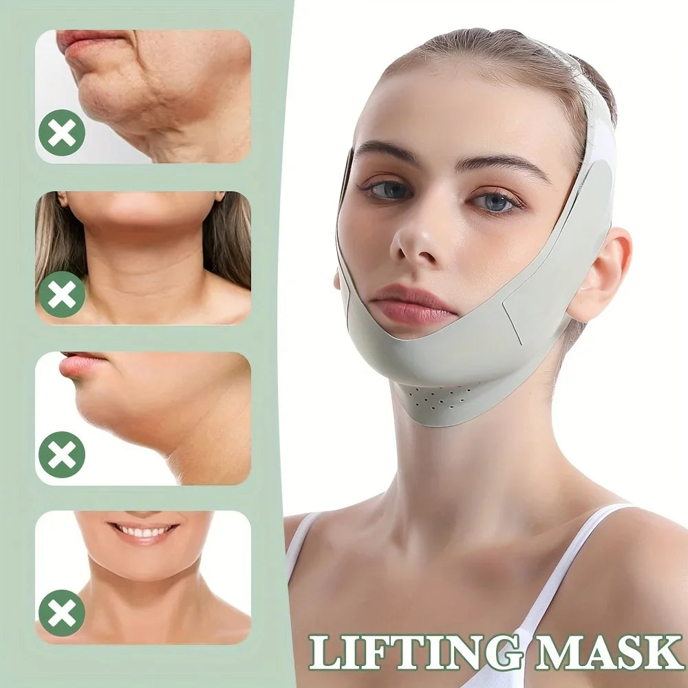 Grey silicone chin lifting mask worn around the jawline to firm facial skin, shown on a model with comparison photos.