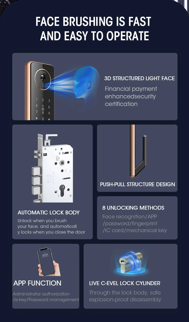 2026 Tuya Wifi Golden Video 3D Face Recognition Fingerprint Digital Smart Door Lock From Alibaba Certification Factory