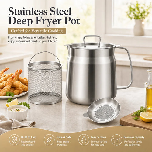 Stainless steel deep fryer pot set with basket and fine mesh oil strainer